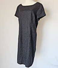 Vintage Talbots Linen Embroidered Eyelet Midi Sheath Dress Short Sleeve Black 16