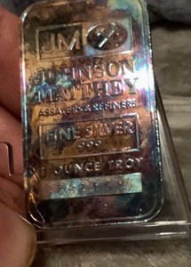 VTG Johnson Matthey 1 oz .999 Silver Bar (40+ Years Old) Textile Rainbow Toned