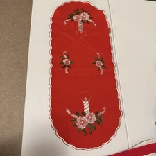 Vintage Swedish Embroidered Christmas Small Red Table Runner Scalloped 21 x 8.5”