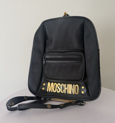 Moschino Black Quilted Logo Backpack Gold Hardware Zip Closure Outer Pockets