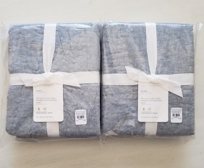 2 Pottery Barn Belgian Flax Linen Hand Stitched EURO Shams Chambray Blue