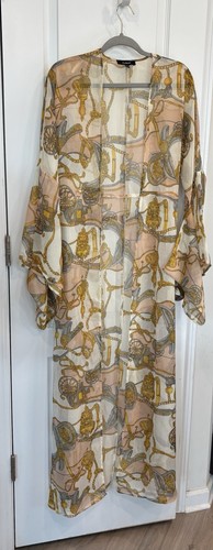 AAKAA Maxi Length Tie Belt Duster Robe Small Bell Sleeve Equestrian Semi-Sheer - Picture 8 of 18