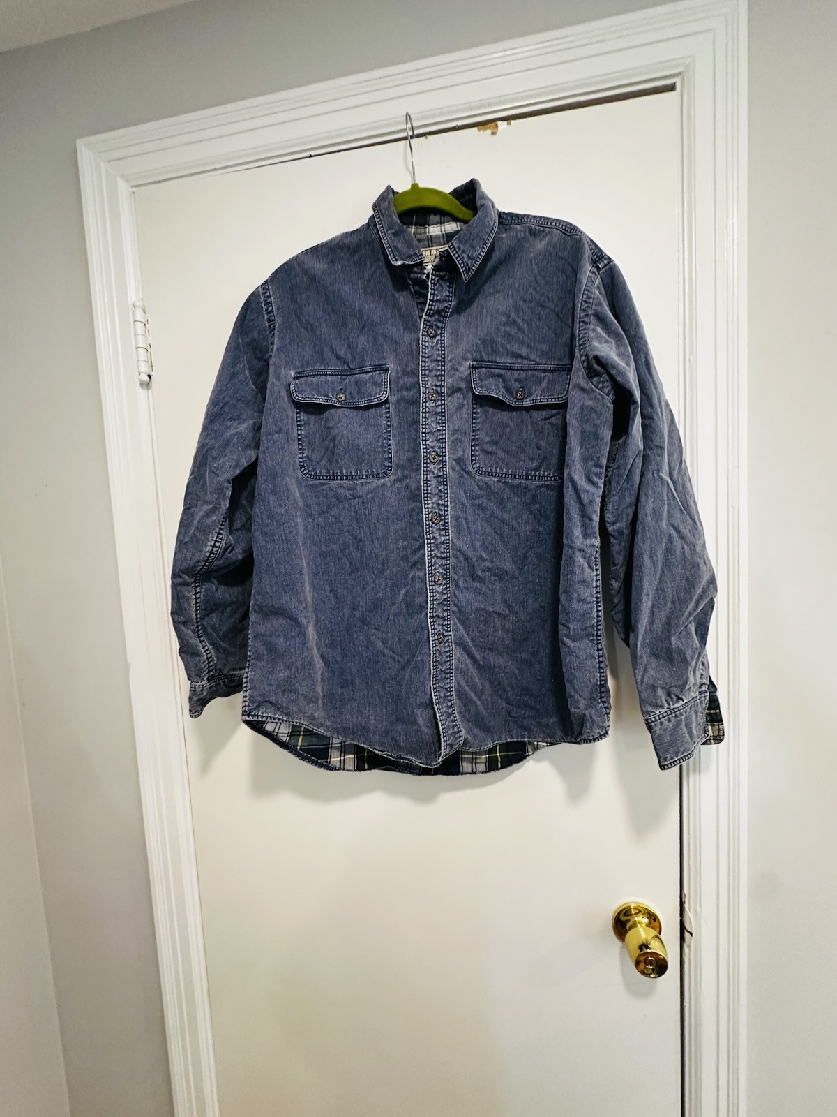 VTG 90s LL Bean Flannel Lined Denim Button Up  Schaket Large Cotton Front Pocket