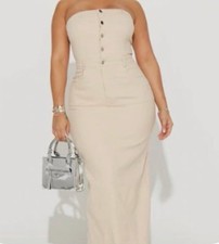 Fashion Nova Hold Up Denim Maxi Dress Beige Tan Strapless Button Front Size XL