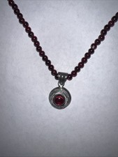 Vintage Sterling Silver Burgundy Garnet Beaded Pendant Necklace 16”