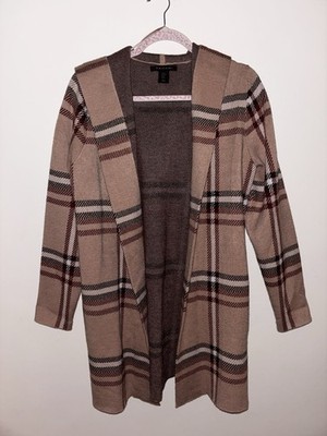 Women s Tahari Hooded Tan & Maroon Plaid Cardigan Sweater W/ Belt - Medium