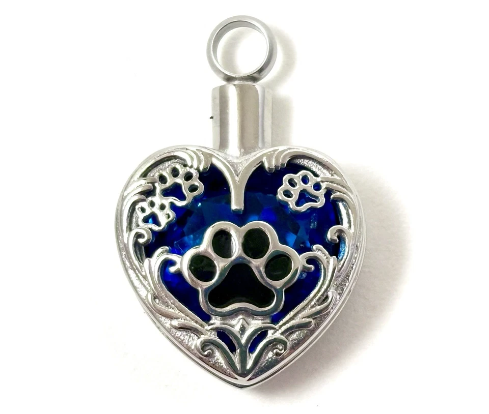 Collar de cremación azul para mascotas sostiene cenizas urna colgante joyería regalo estampado de pata perro C Foto 3 de 4