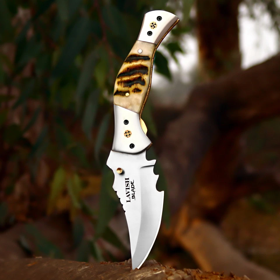 Cuchillo de bolsillo plegable de acero inoxidable hecho a mano mango de cuerno con funda de cuero Foto 3 de 4