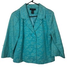 Vintage Silk Land Women's Blue Floral Embroidered Blazer Lined Button Open Large