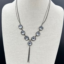 Vintage Gunmetal Crystal Y Necklace Multi-Chain Statement Pendant
