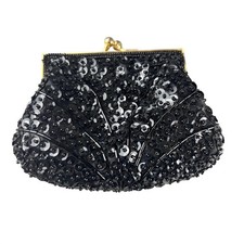 Vintage Mini Black Sequin Beaded Evening Bag Gold Frame Chain Accessory Lady