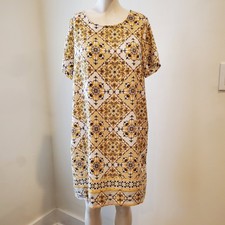 Lulus Womens Tile Print Short Sleeve Shift Dress Yellow Cream Boho Mini Size M