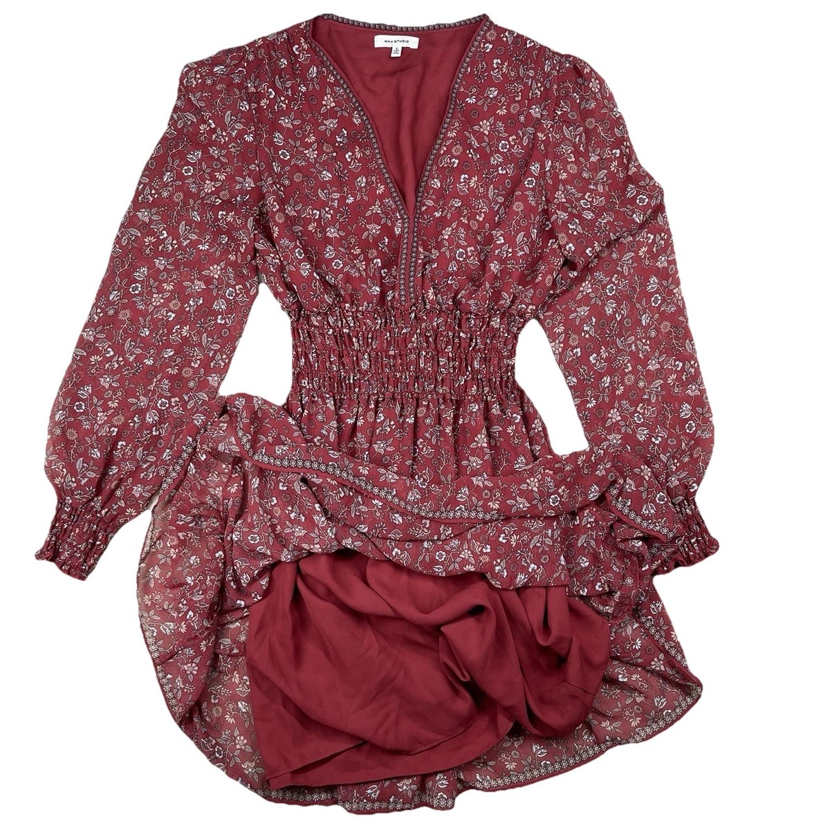 Smocked Mini Dress Lined Floral Prairie Cottage Ruffles Boho Flowy Red  Small | eBay