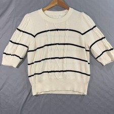 Veronica Beard Sweater Womens Medium White Striped Cable Knit 3/4 Puff Sleeve