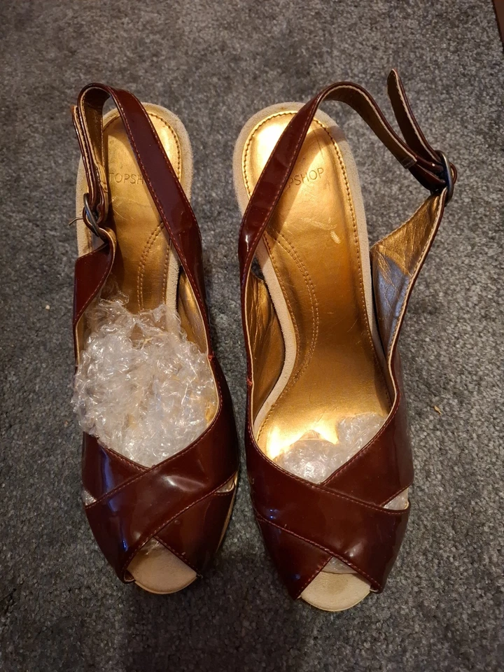Topshop Burgundy Criss Cross Peep Toe Strappy Sandals Shoes Size 6 Aso Amy... - Image 2 of 4