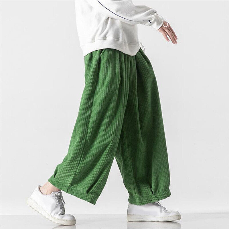 New Men Loose Wide Leg Corduroy Baggy Casual Capri Pants Elastic Waist  Trousers
