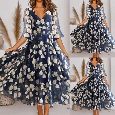 Womens Dresses Boho Floral V Neck Midi Dress Ladies Evening Party Swing  Gown zm | eBay