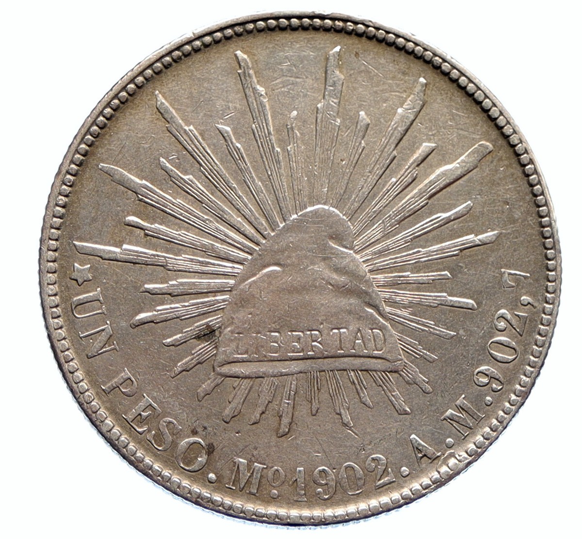 1902 Mo AM MEXICO Large Eagle Sun Antique Mexican OLD Silver Peso