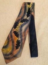 1940s Hand Painted Art Deco Leaves Swing Rockabilly Dance Rainbow MCM Satin Tie