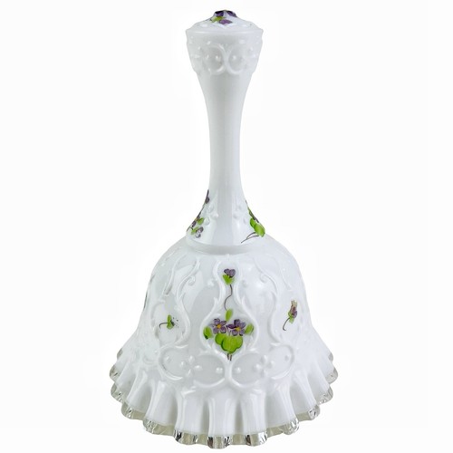 Fenton Milk Glass Bell Silvercrest Violets in the Snow Spanish Lace Signed 6” - Picture 4 of 13