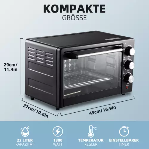 Minibackofen Mini Backofen Ofen Pizzaofen Grill Timer Pizzaofen 21 Liter Schwarz - Bild 3 von 11