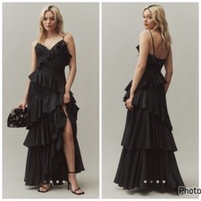 Anthropologie BHLDN Elora Sleeveless V Neck Ruffle Lace Maxi Dress Black Size 12