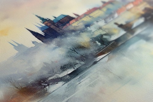 Foggy Day In Prague Canvas Print, Skyline Landmarks Watercolour Painting Style, - Picture 2 of 10