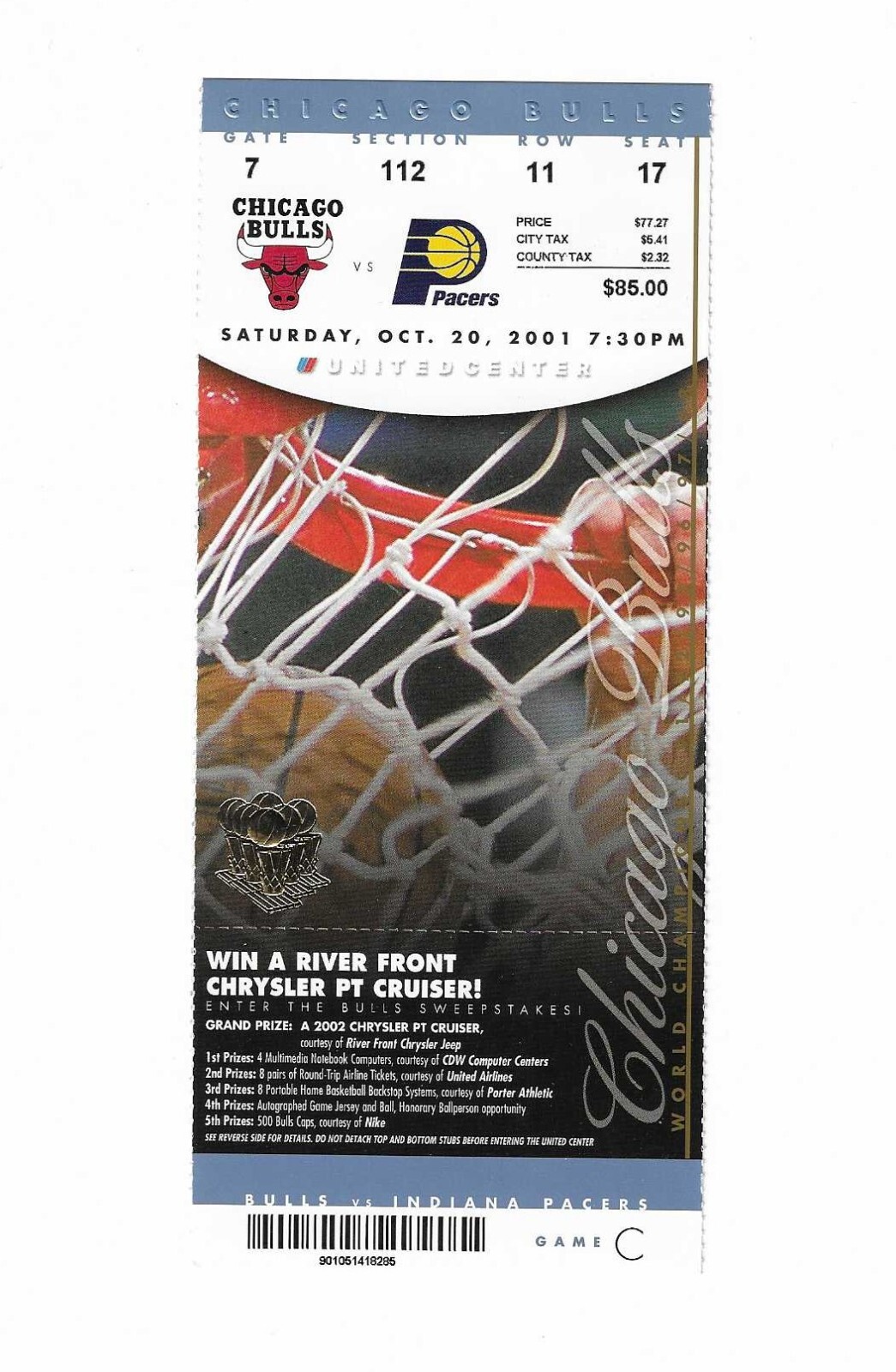 Chicago Bulls vs Indiana Pacers Unused Basketball Ticket from 10/20/2001