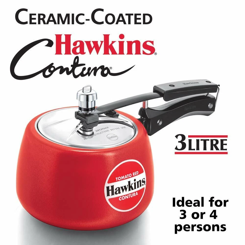 Hawkins Contura Ceramic Coated Pressure Cooker, 3 litres, Tomato Red