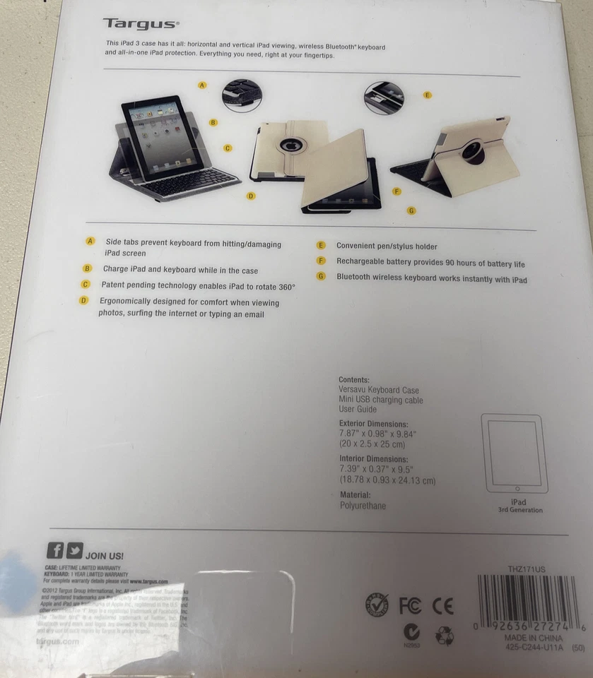 Contenido de la funda del teclado Targus teclado y funda Versace, cable de carga mini USB.  Foto 2 de 4