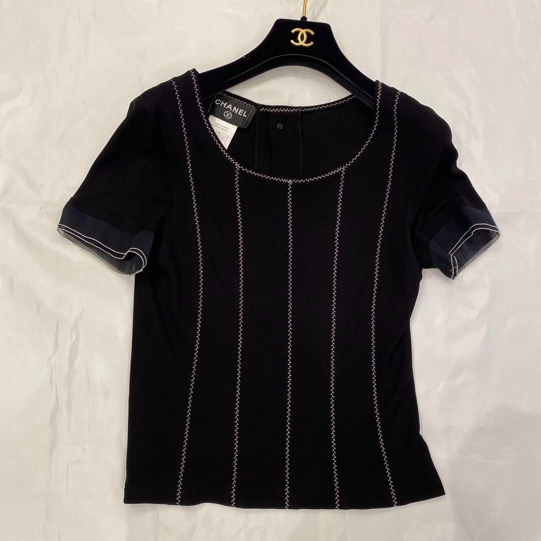 CHANEL Short Sleeve Tops Women Rayon Black 38 Made in France Used from Japan