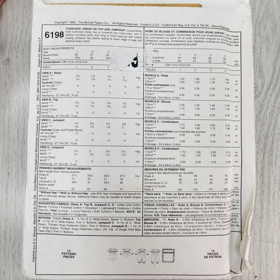 Vtg Easy McCall's 6198 NOT CUT Girl Toddler Jumpsuit Dress Top Size CB 1,2,3 - Image 3 of 3