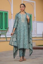 Indian New Trends For Women Green Silk Blend Abstract Straight Kurta set