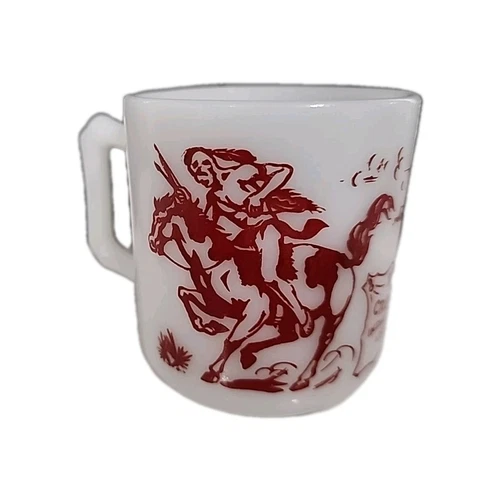Vintage 1950s Hazel Atlas Davy Crockett Western Cowboy Milk Glass Coffee Cup Mug