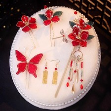 Bridal Red Butterfly Hair Pin Set Flower Chinese Style Qipao Headpiece