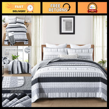 Boho Striped King Size Quilt Set, 3-Piece Patchwork Bedding, Grey Bedding Set