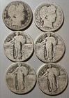 LOT OF 6 LOWER GRADE GRADE 90% SILVER 1946 QUARTERS 2 BARBER 4 SL BELOW MELT