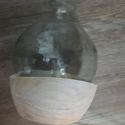 Place & Time Into the Blue Glass Sphere Container with Wood base  Clear Beige