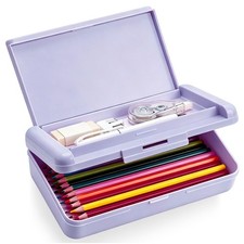 Pencil Box, Double Layer Purple Pencil Case, Large Capacity Plastic Crayon Box