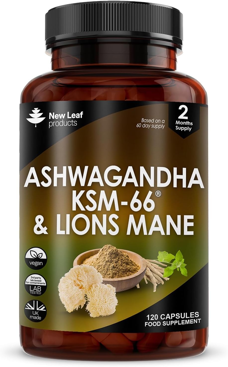Ashwagandha KSM-66 and Lions Mane Capsules - High Strength 2000mg KSM-66 Ashwag