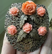 VTG 1930s Dress Clip 2.25" Floral Coral Yellow Brass Bronze Filigree Deco READ