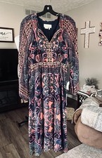 Anthropologie Paisley Print Long Sleeve Midi Dress Navy Pink Orange Size 2 Boho