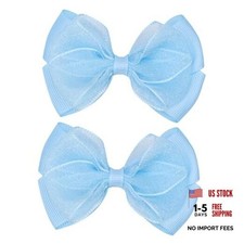 Tiny 3 Inch Organza Double Hair Bow Clips - Lined Boutique 2Pcs-Light Blue