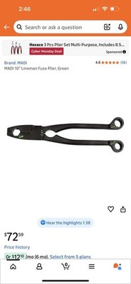 MADI 10'' Lineman Fuse Plier Black/ Green Cat# FP-1. New. 