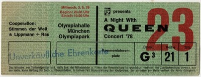 1978 Queen Concert Ticket Rock Konzert München Ehrenkarte Eintrittskarte Musik