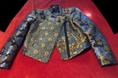 Zara basic outerwear womens florar blue/gold design moto jacket size S