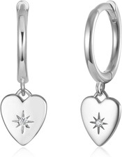 Solid 925 Sterling Silver CZ Heart Dangle Hoop Earrings for Women, Dainty Drop H