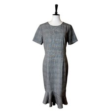 Tahari NEW Dress Sheath Ruffle Midi Hem Short Sleeve Gray Plaid Women’s Size 8