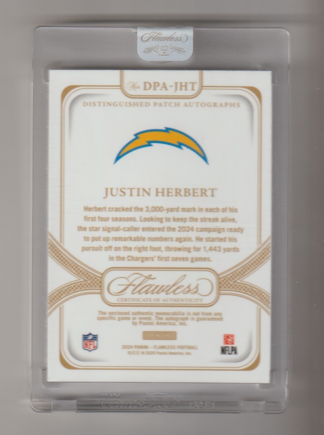 2024 Flawless Justin Herbert Silver Patch Auto Low SN 03/20 LA Chargers CC view 2