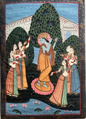 Pichwai Painting of the Hindu God, Lord Krisna Hand Painted on Cotton
